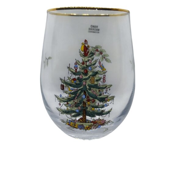 Spode Christmas Tree Stemless Wine Glass Gold Rim NEW - Picture 1 of 6
